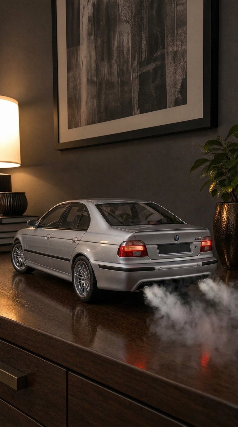 Silver BMW E39 M5 saloon model with cross-spoke wheels, LED tail lights on and smoke from the quad exhaust