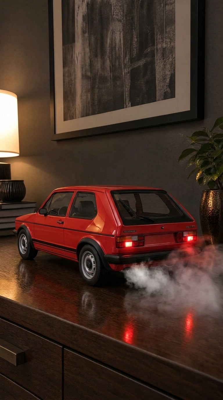 Red Volkswagen Golf GTI Mk1 hatchback model with black trim and steel-style wheels, smoke from the exhaust