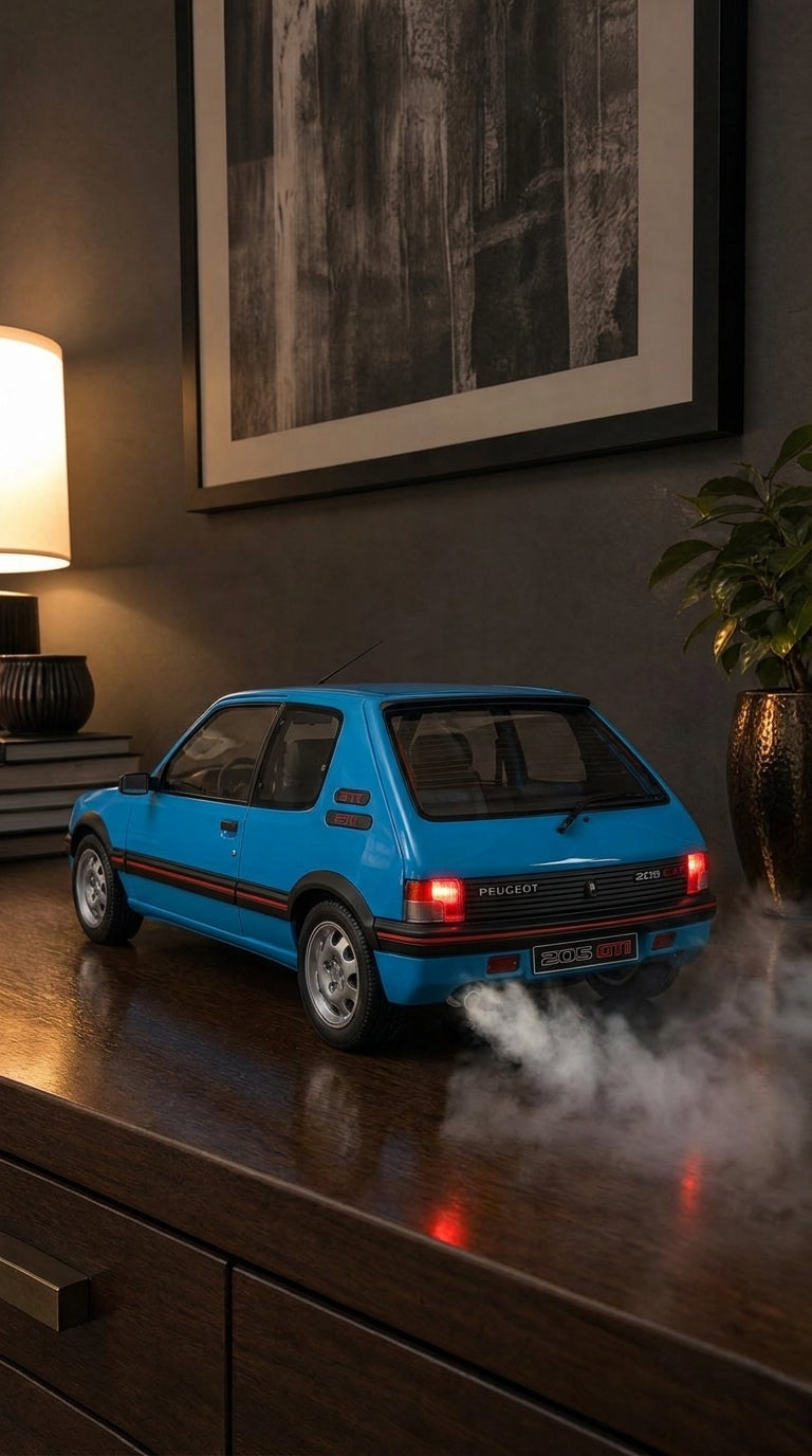Blue Peugeot 205 GTI hatchback model with red pinstripe and silver alloys, smoke from the exhaust