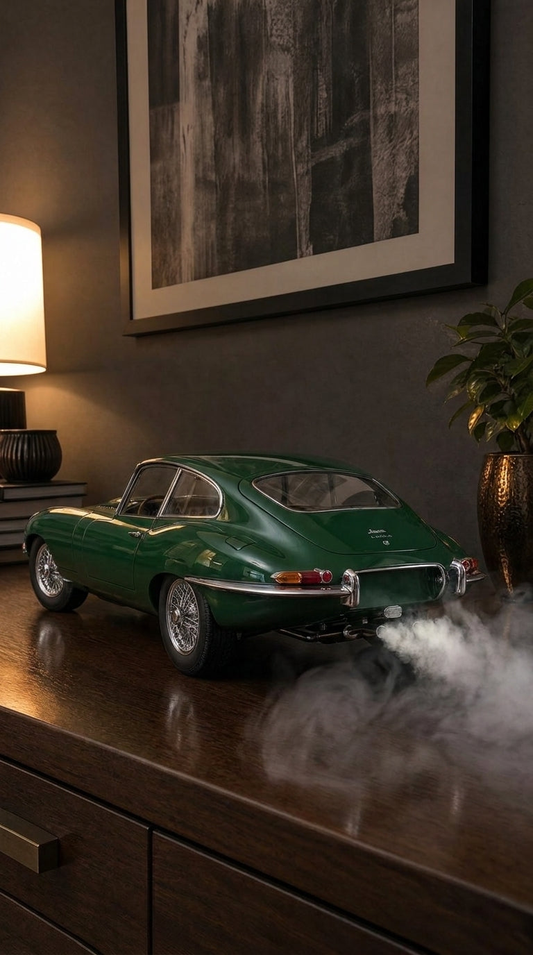 British racing green Jaguar E-Type coupe model with chrome wire wheels, smoke from the twin centre exhaust