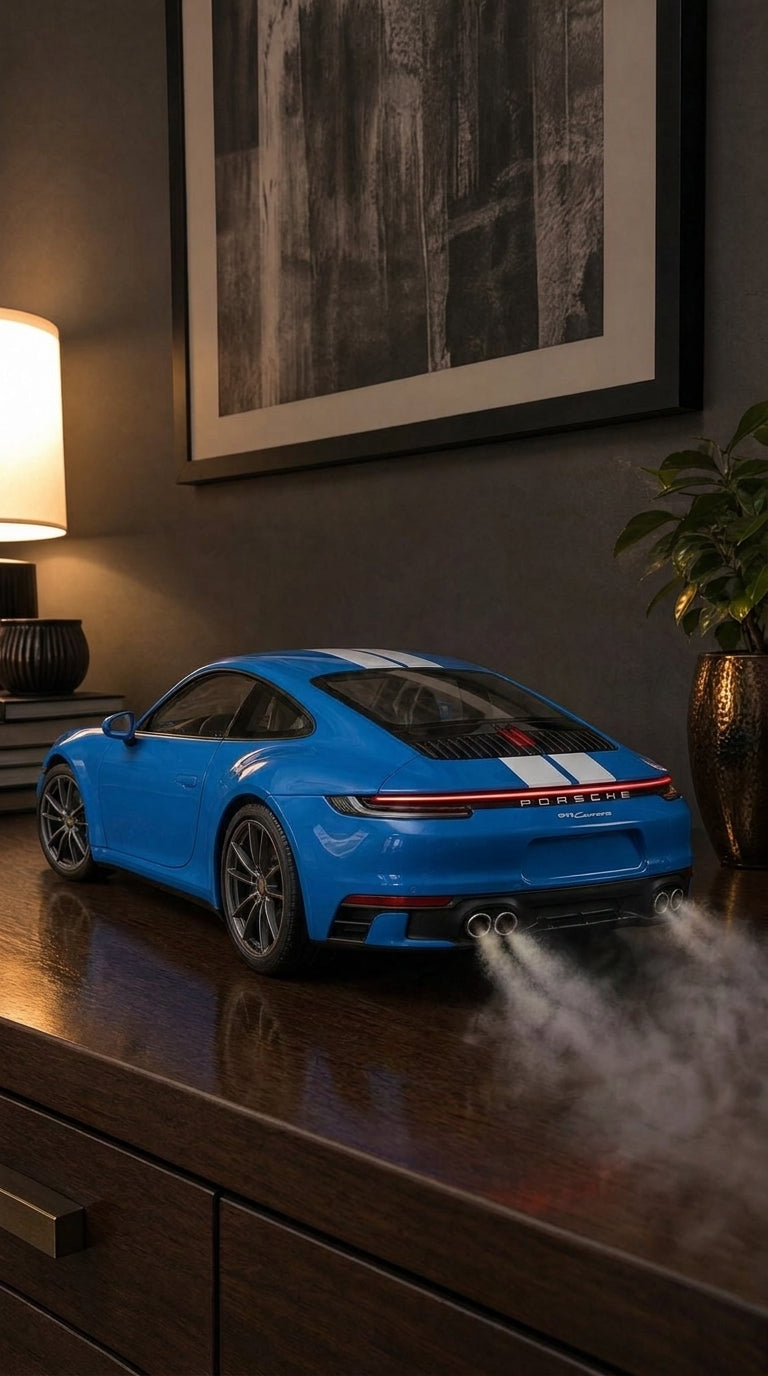 Blue Porsche 911 Carrera model with white stripes and full-width light strip glowing, smoke from the quad exhaust
