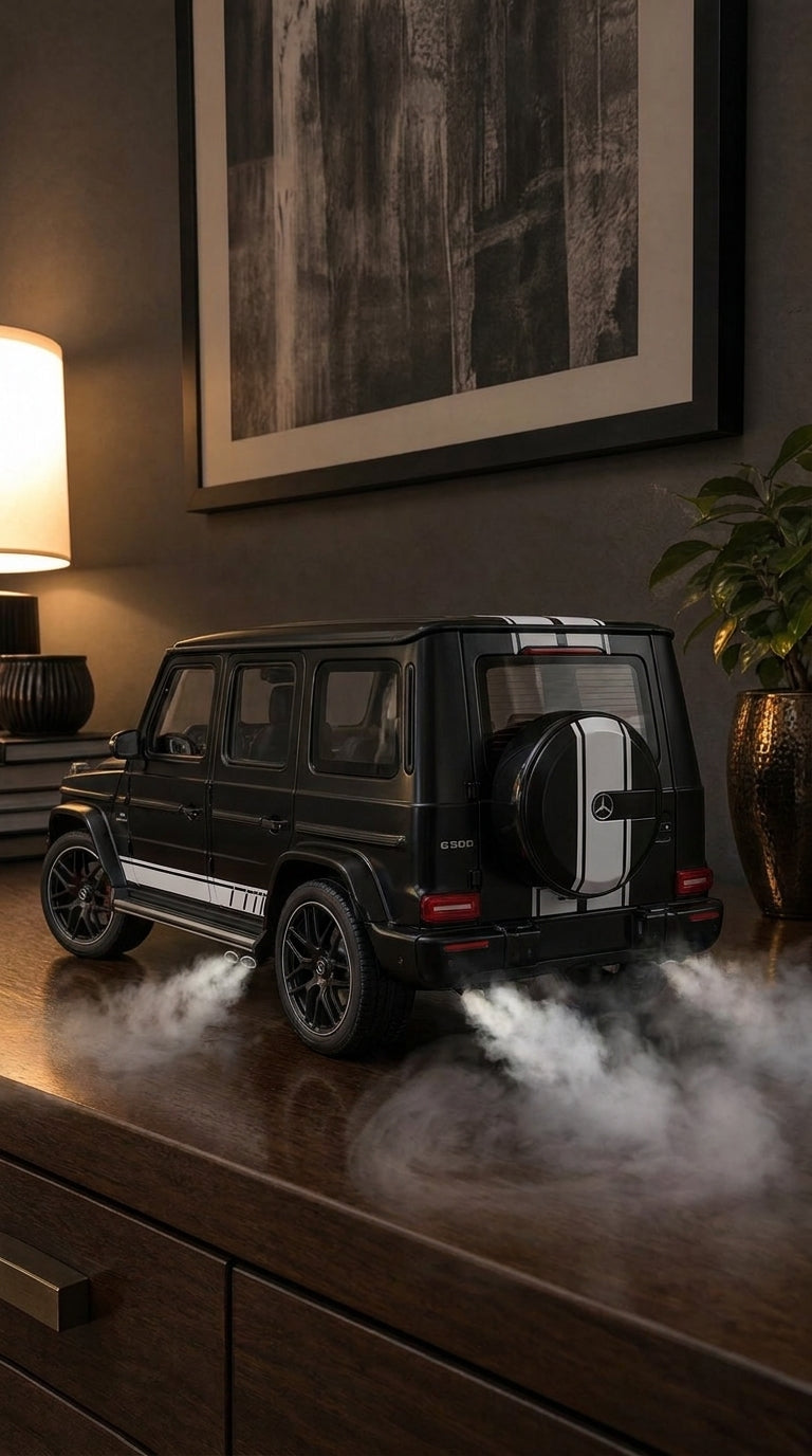 Satin black Mercedes-Benz G-Class model with white stripes and spare wheel cover, smoke from the side-exit exhausts