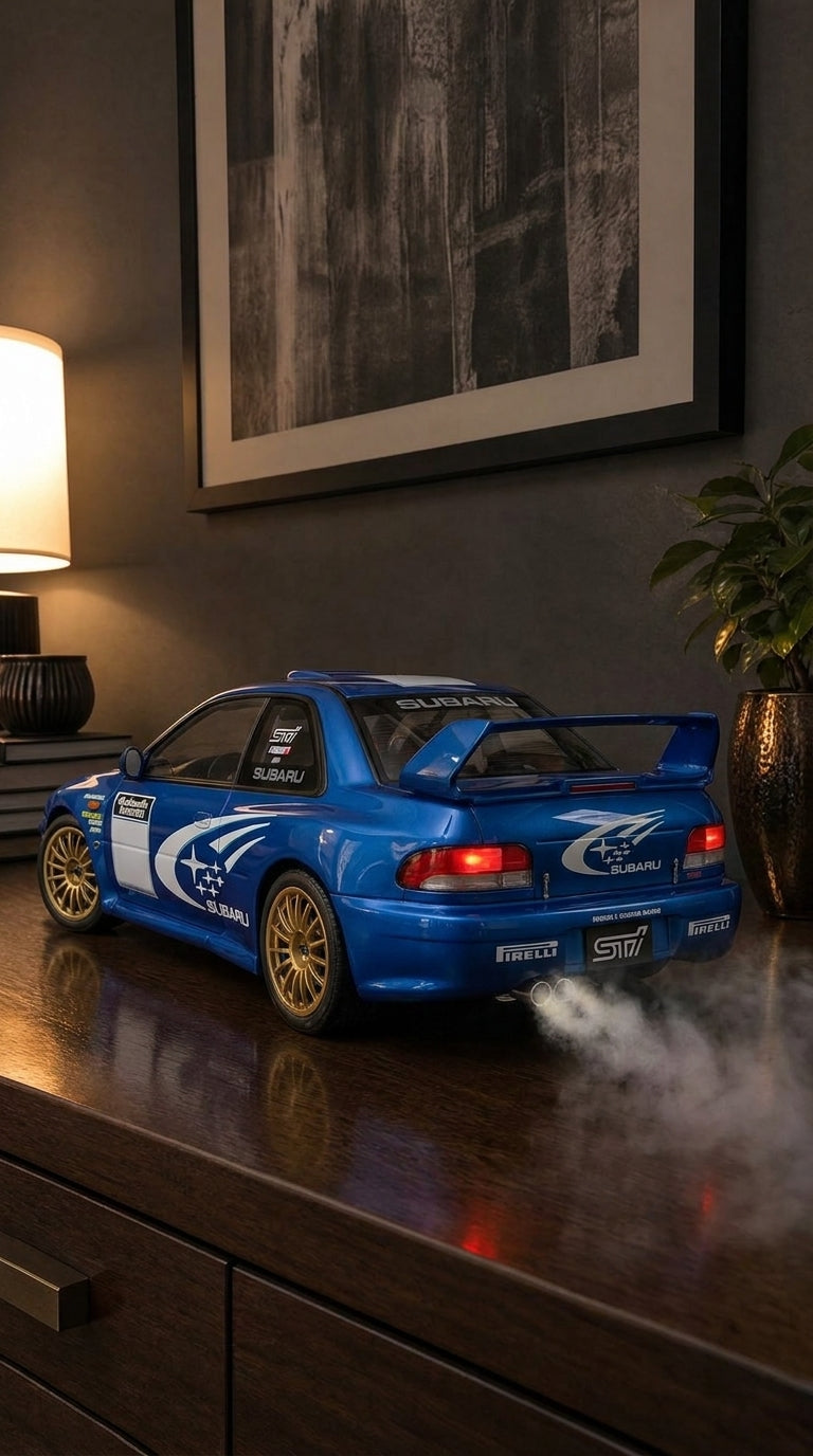Blue Subaru Impreza WRX STI rally model with gold wheels, star livery and rear wing, smoke from the exhaust