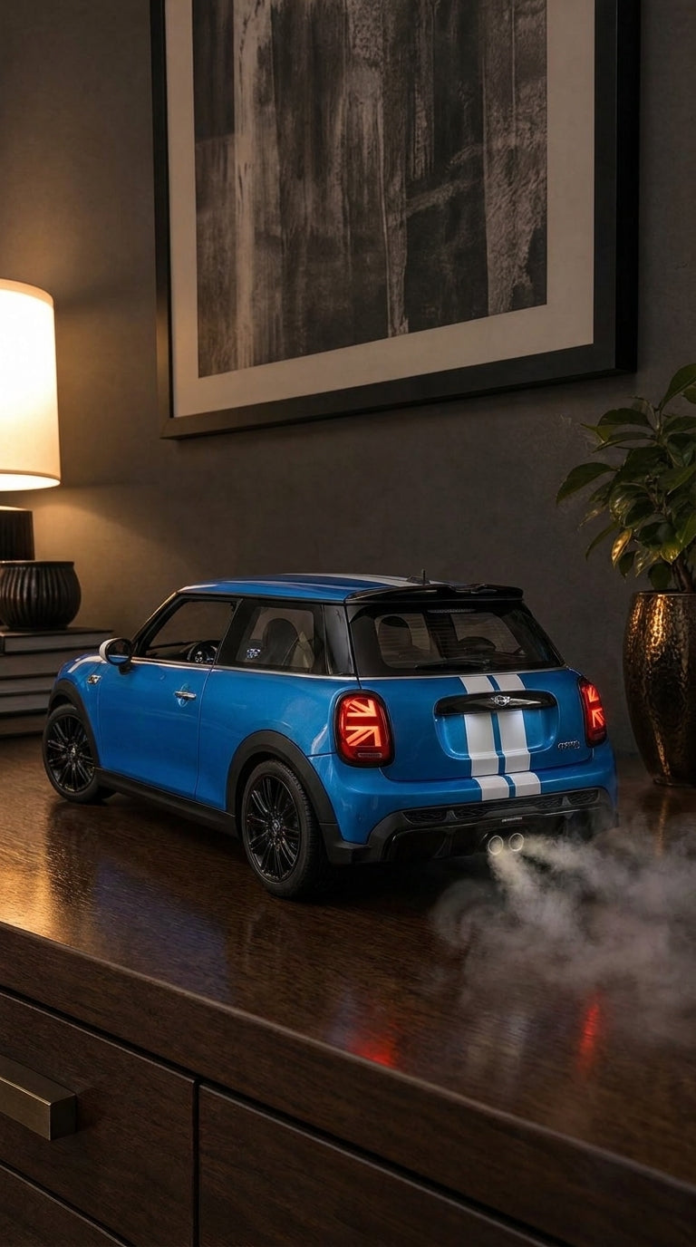 Blue Mini Cooper S model with black roof and Union Jack tail lights glowing, smoke from the centre exhaust