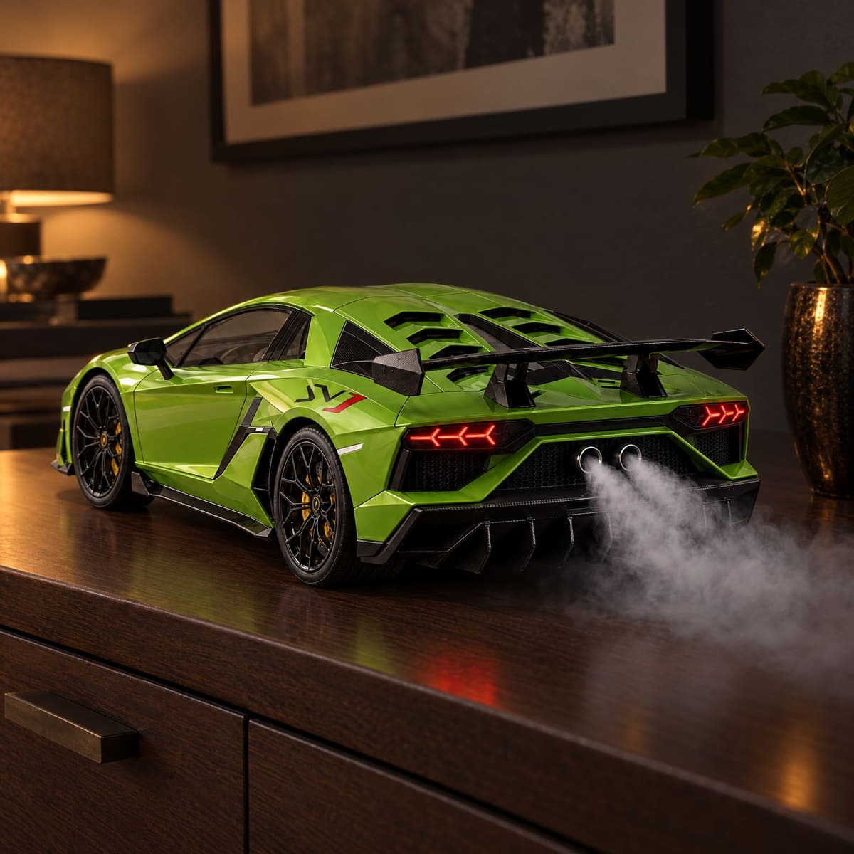 Lime green Aventador SVJ model with large rear wing, smoke from twin exhausts and Y-shaped tail lights glowing