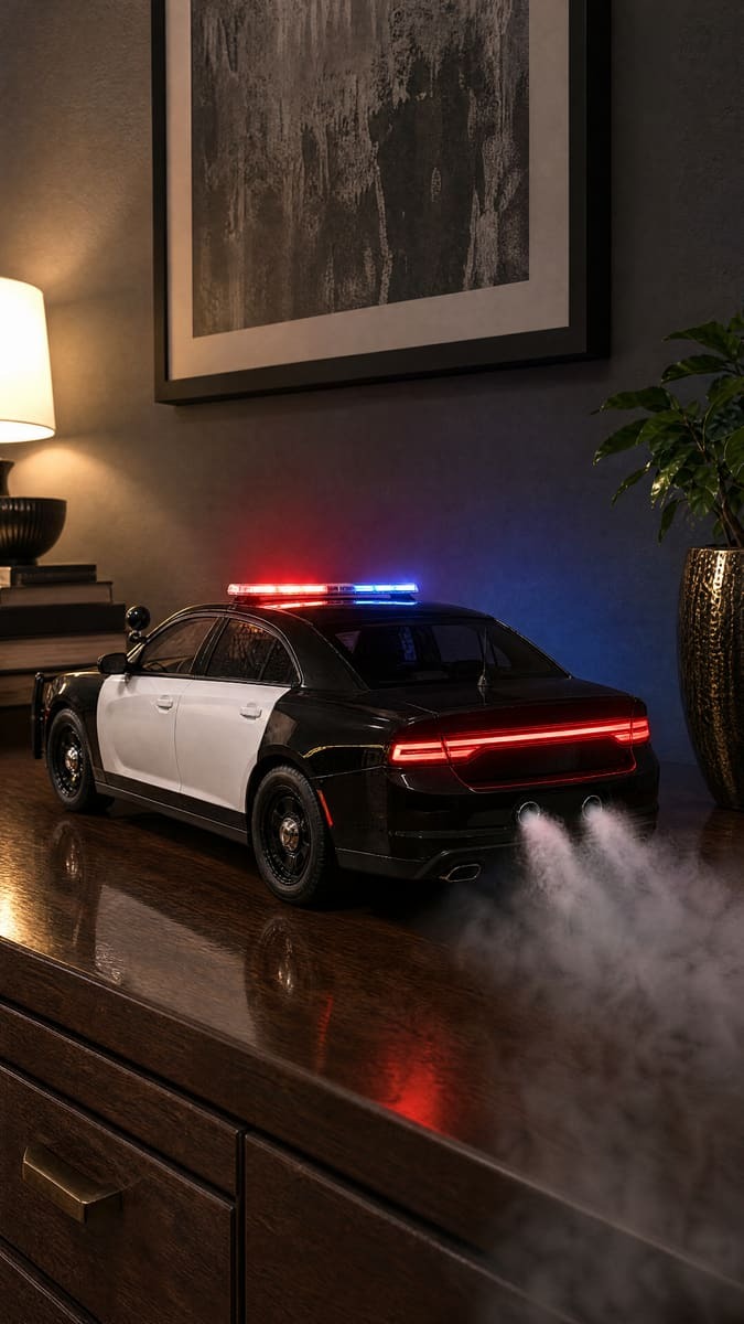Black and white police Charger model with red and blue light bar lit, smoke from twin exhausts