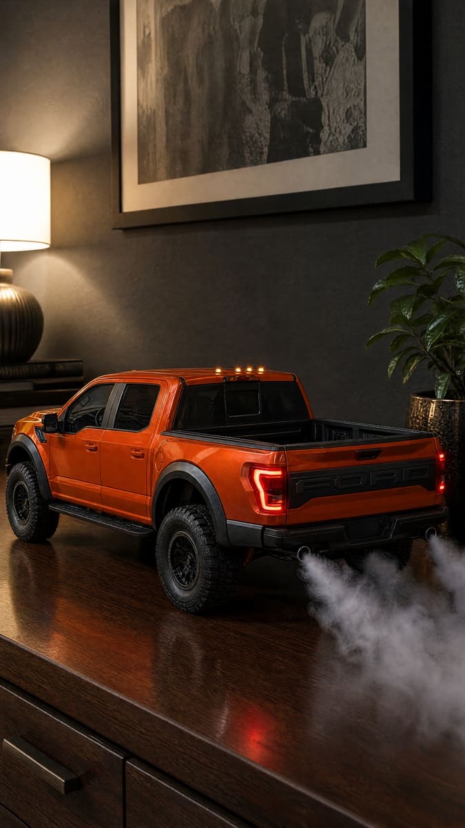 Orange F-150 Raptor pickup model with amber roof lights, black fender flares and smoke from the rear exhausts