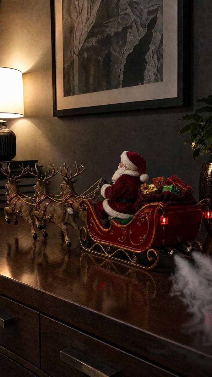 Santa's sleigh model with three reindeer, gift sack and glowing red lanterns, soft vapour drifting from the back