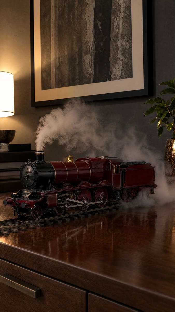Crimson steam locomotive model with brass dome and tender on a display track, smoke billowing from the chimney