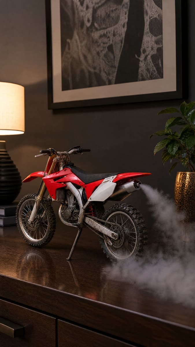 Red and white motocross dirt bike model with knobby tyres and smoke coming from its silver exhaust