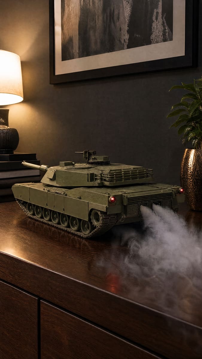 Olive green Abrams battle tank model on a wooden dresser, smoke venting from the rear engine grille