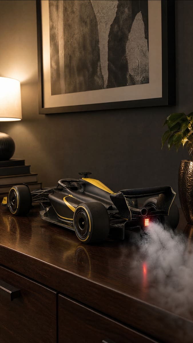 Black and yellow F1 race car model with halo and rear wing, red rain light flashing and smoke from the exhaust