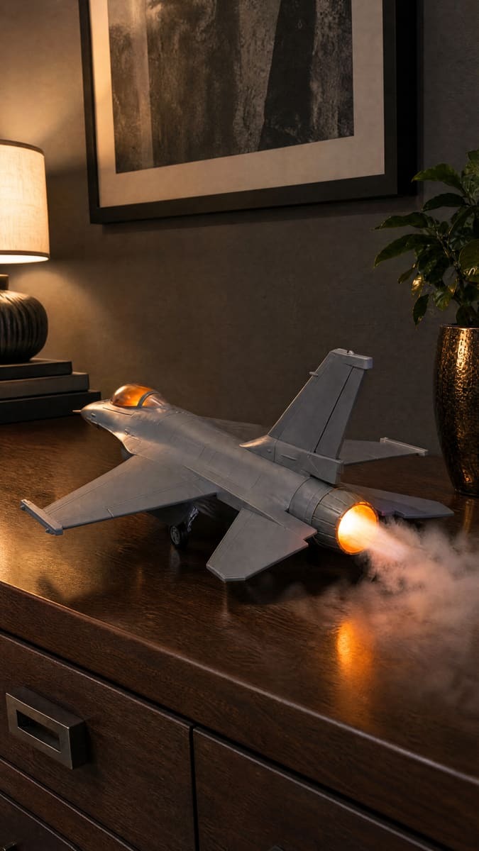 Grey F-16 fighter jet model with gold canopy, orange afterburner glow and smoke trailing from the nozzle