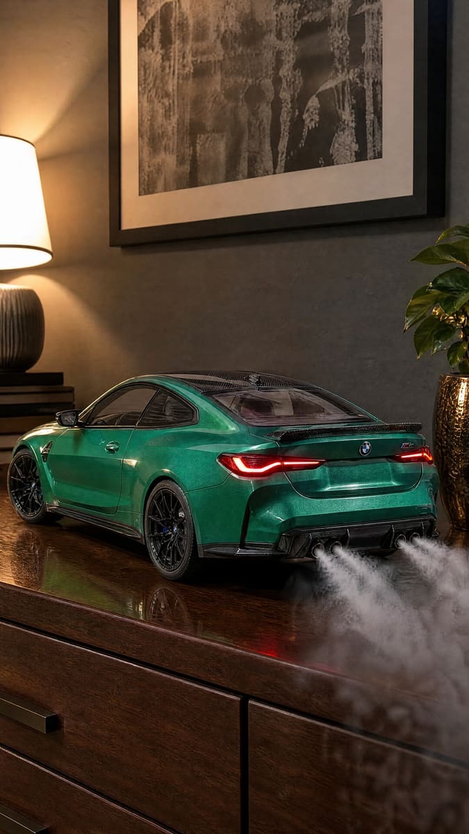 Metallic green M4 Competition model with carbon roof, quad exhausts smoking and LED tail lights on