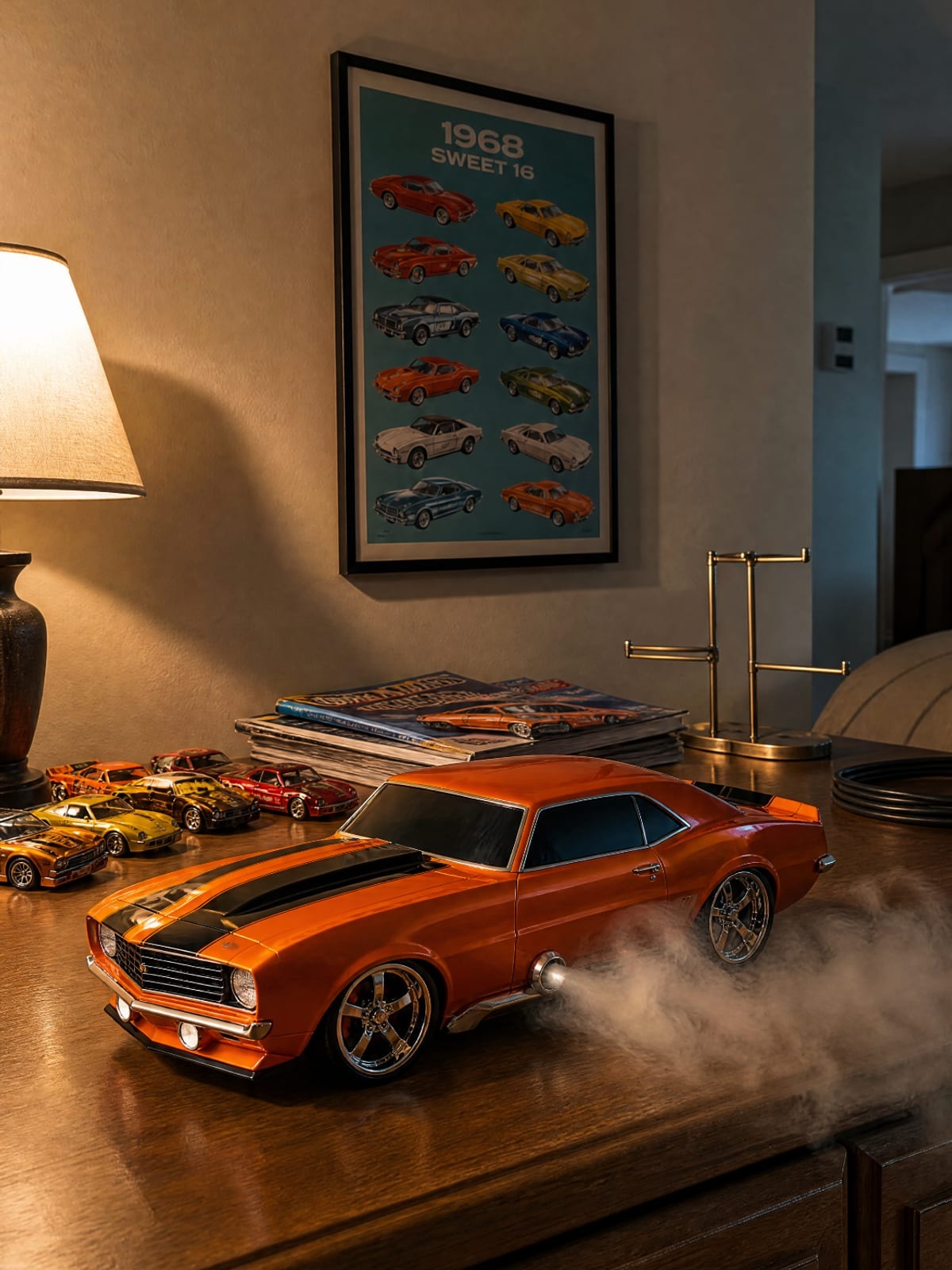 Orange '69 Camaro model with black bonnet stripes and chrome wheels, smoke from the side exhaust