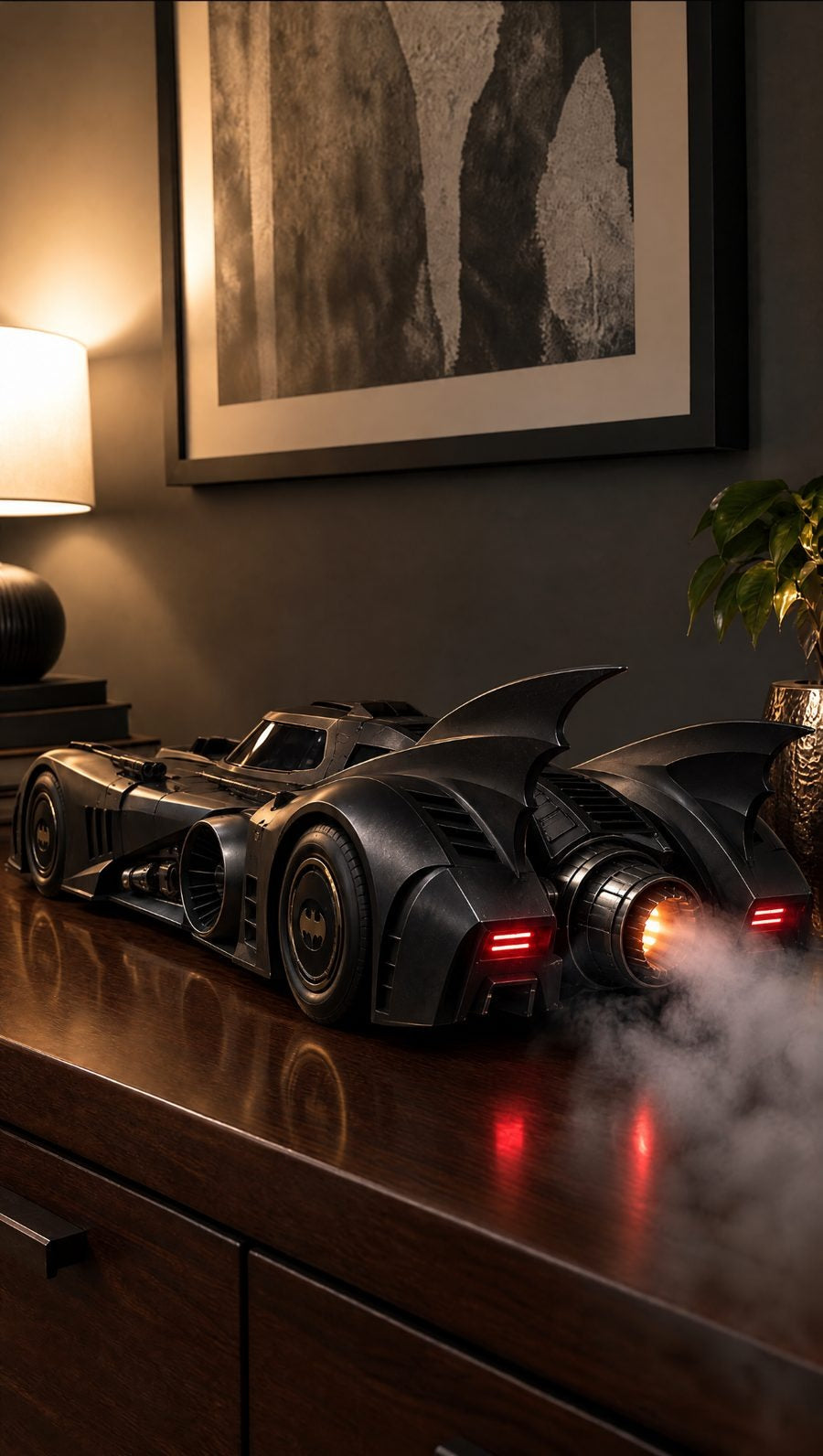 1989 Batmobile model in black with bat-wing tail fins, rear turbine glowing orange and pouring smoke