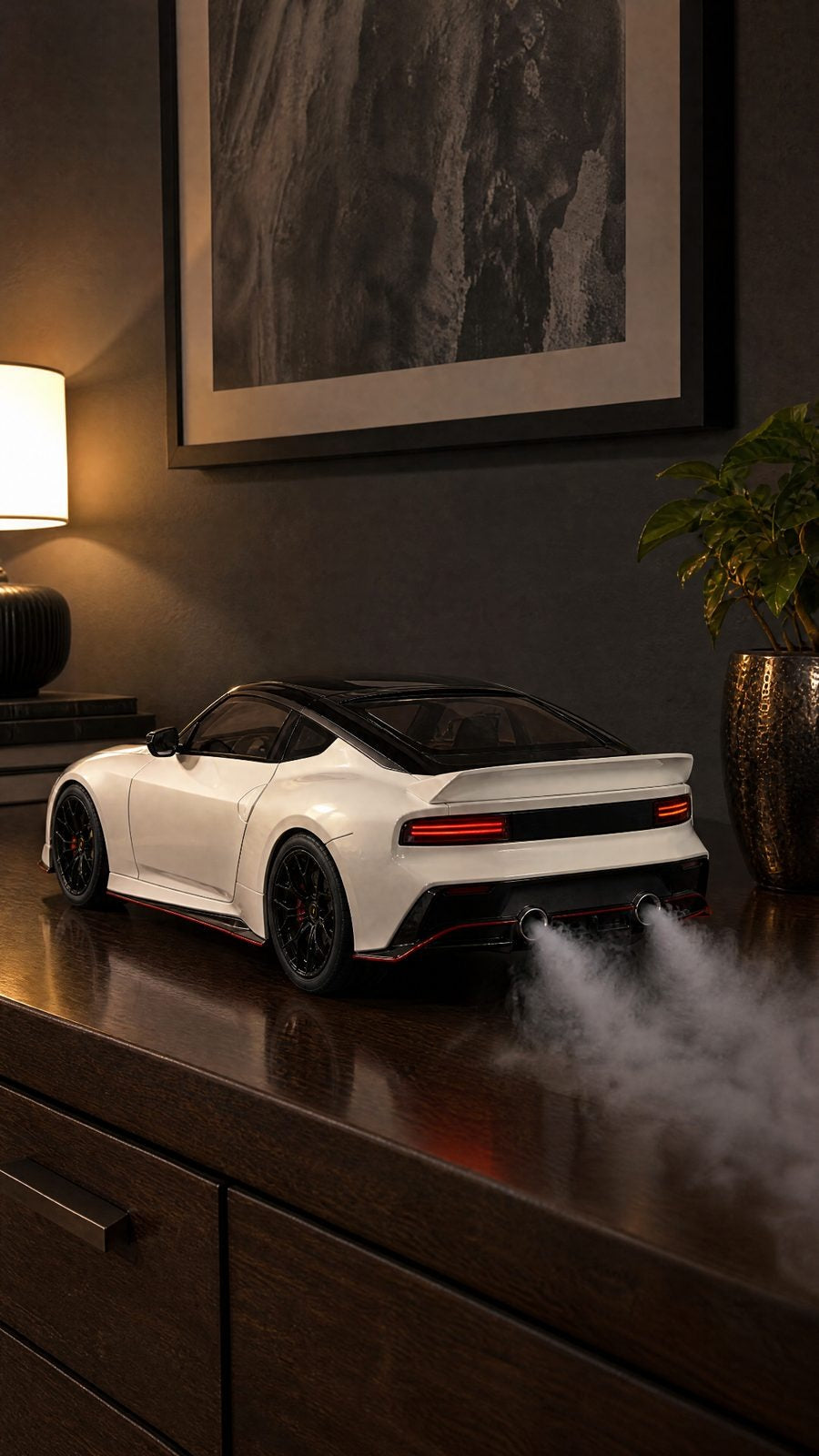 Pearl white Z Nismo model with black roof and red pinstripes, smoke from twin exhausts