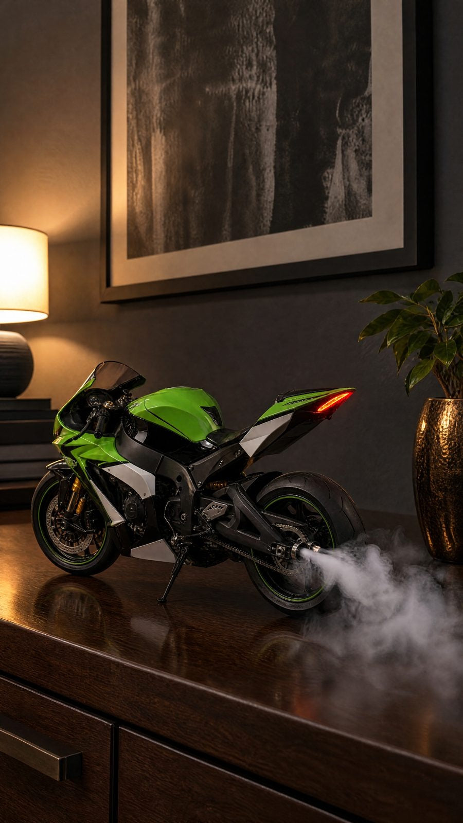 Lime green Ninja ZX-10R superbike model with smoke from its exhaust and LED tail light on