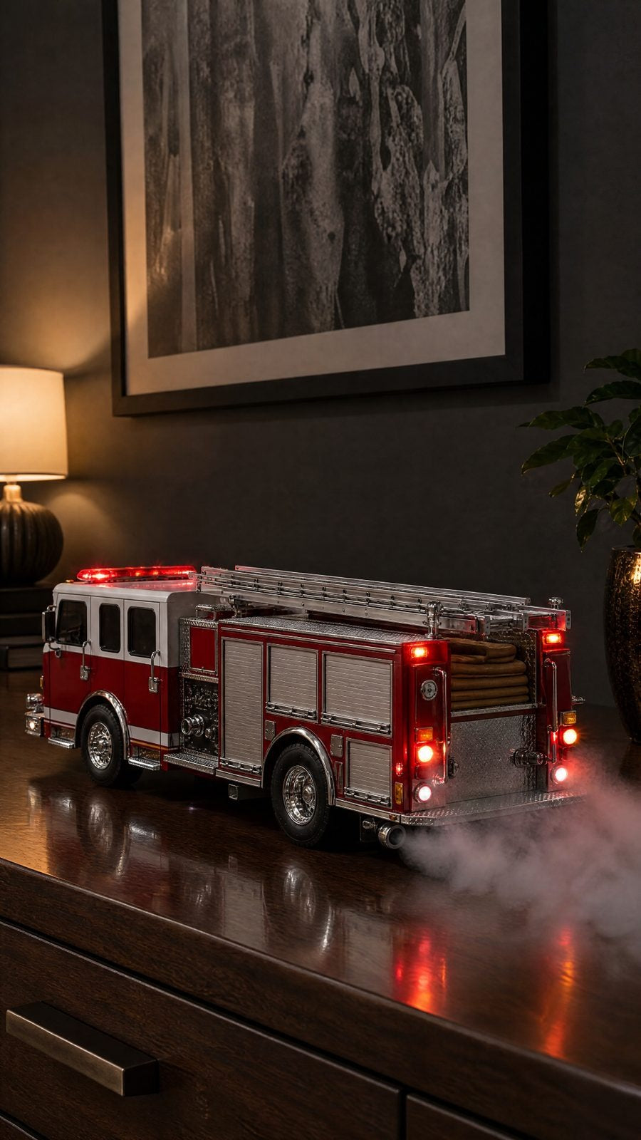 Red and white fire engine model with ladder on the roof, red lights flashing and smoke from the exhaust