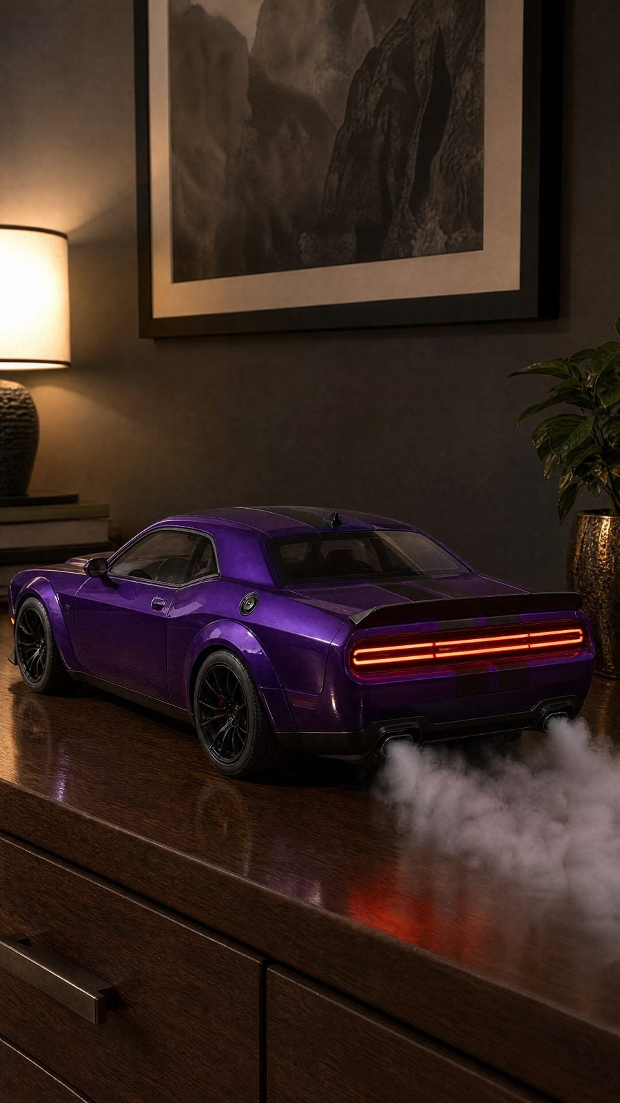 Metallic purple Challenger widebody model with black stripes, full-width tail light and smoke from twin exhausts